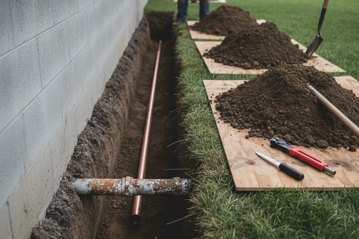 Excavated water line trench during Water Softener Installation in Littleton
